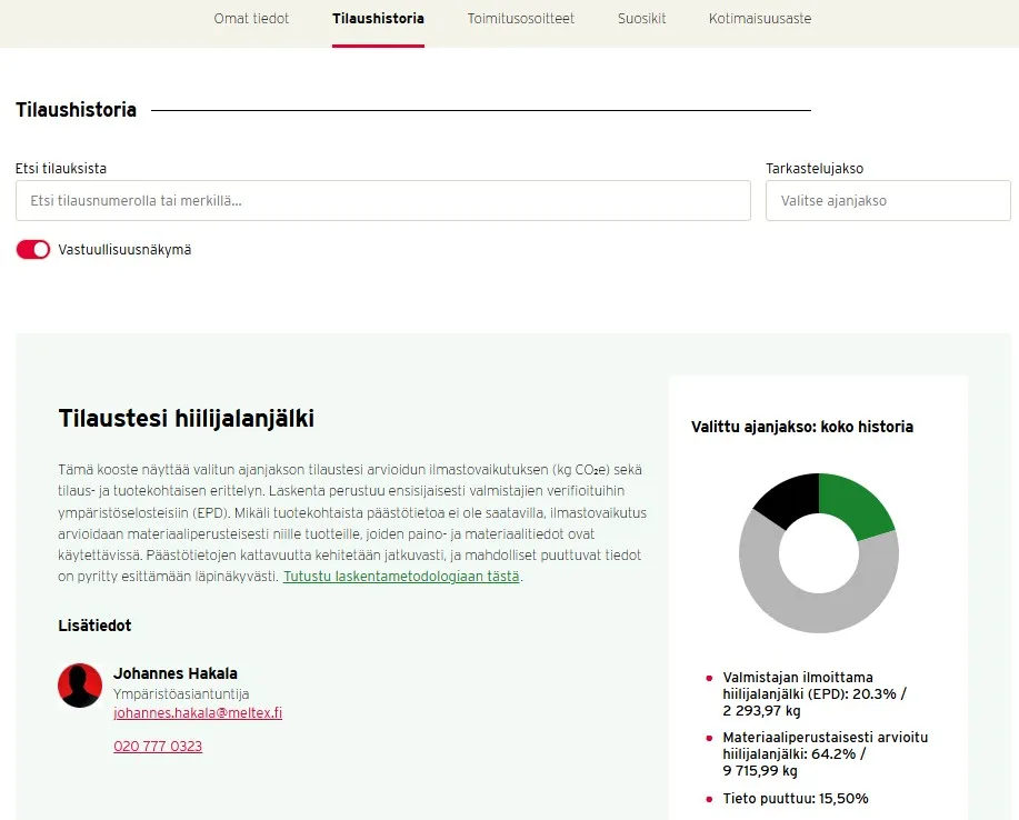 Verkkokaupan hiilijalanjälkilaskuri kokoaa hankintojen päästötietoja yhteen näkymään ja näyttää tietojen kattavuuden sekä laskentaperusteet.